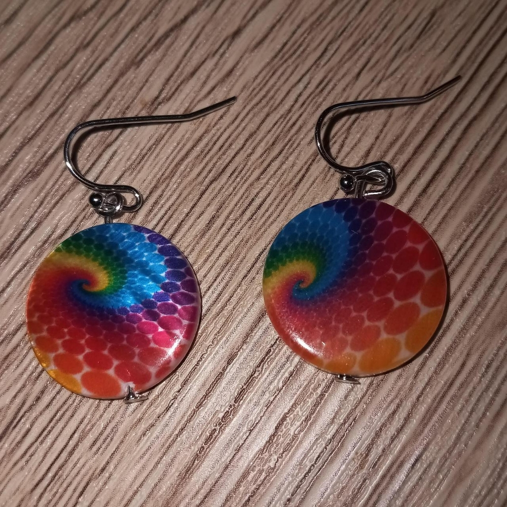 Hand crafted rainbow tie dye shell earrings